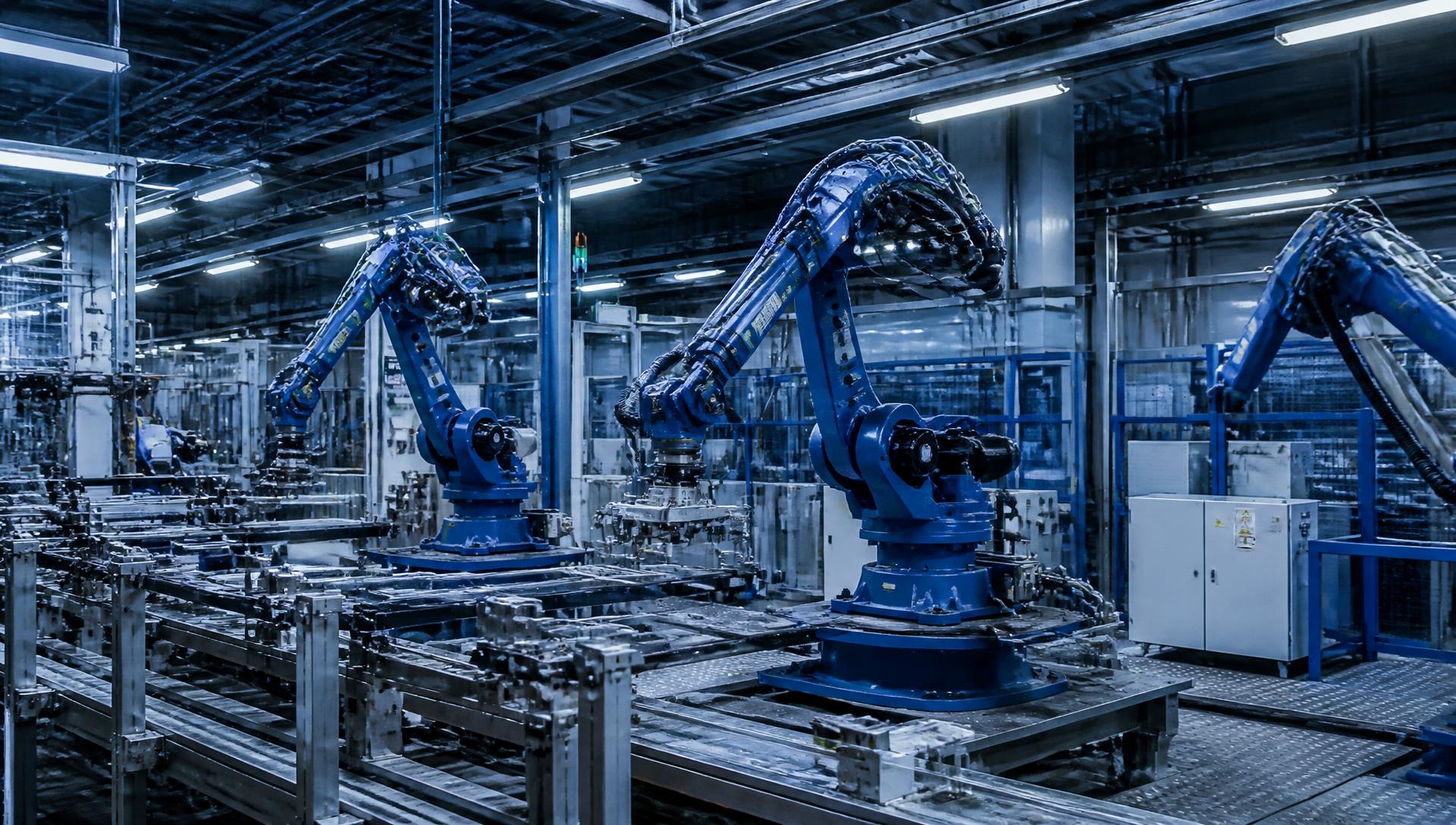 Robotic arms operating on an automated factory production line